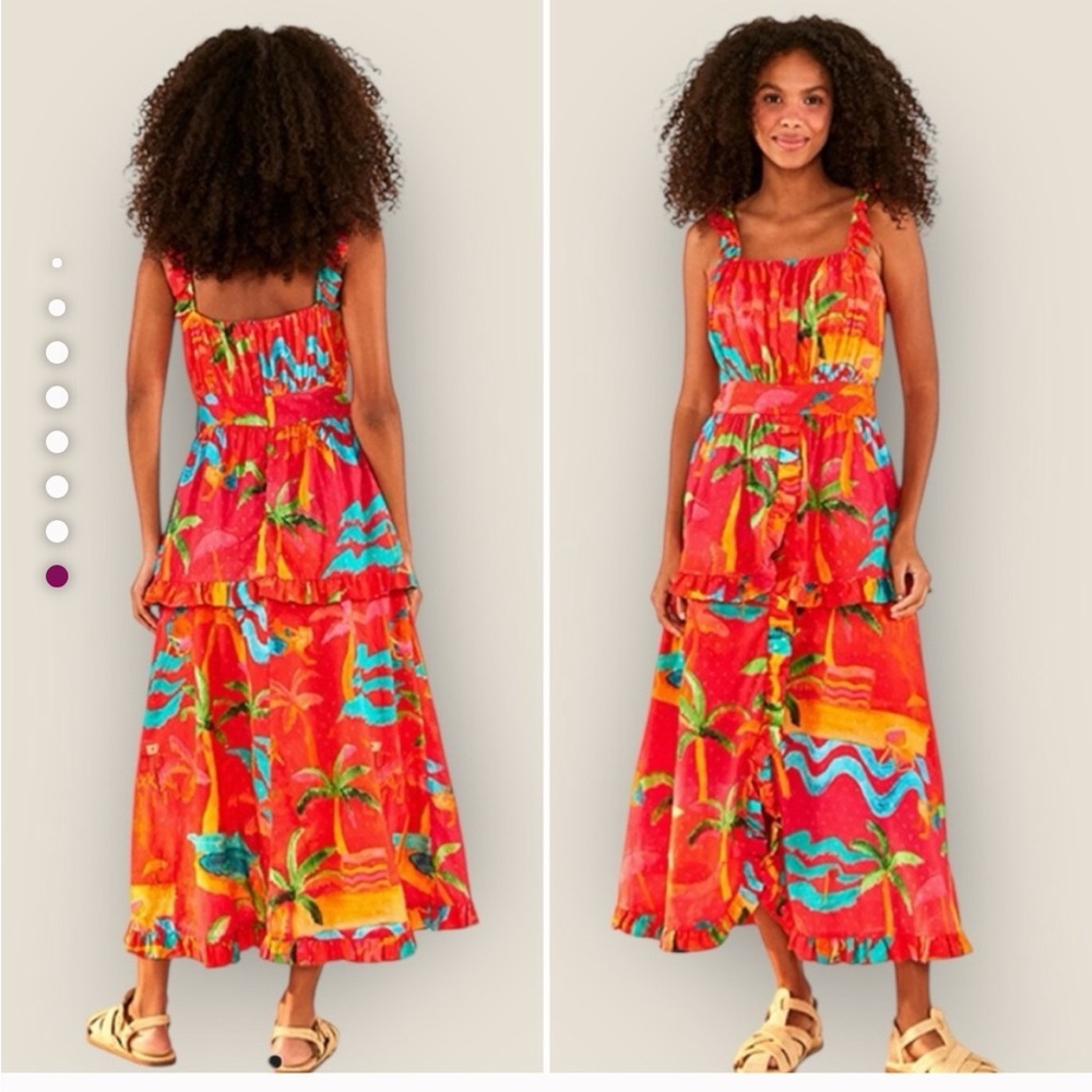 FARM Rio Red and Orange Ruffled Tiered Sundress